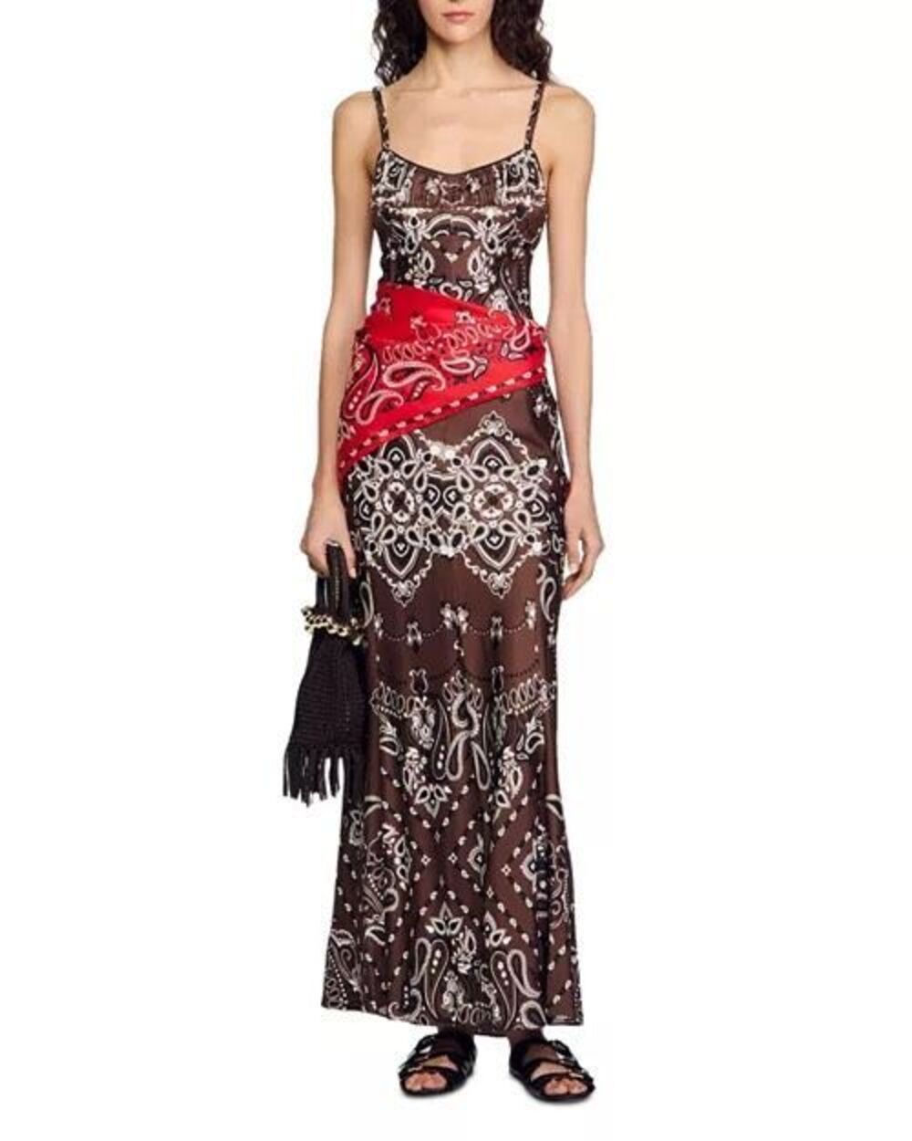 Sandro Bandana Print Slip Maxi Dress Brown | Size 40 / US 8 - Picture 3 of 13